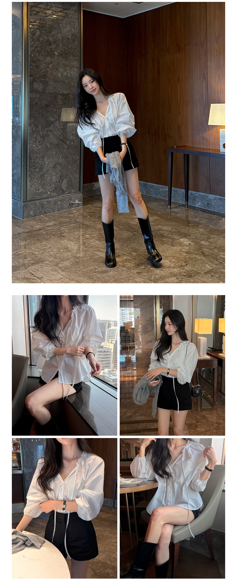 프릴 레이스업 긴팔 쉬폰 블라우스 셔츠 한국 스타일 chic 단색 루즈핏 패션 다용도 상세 이미지 1