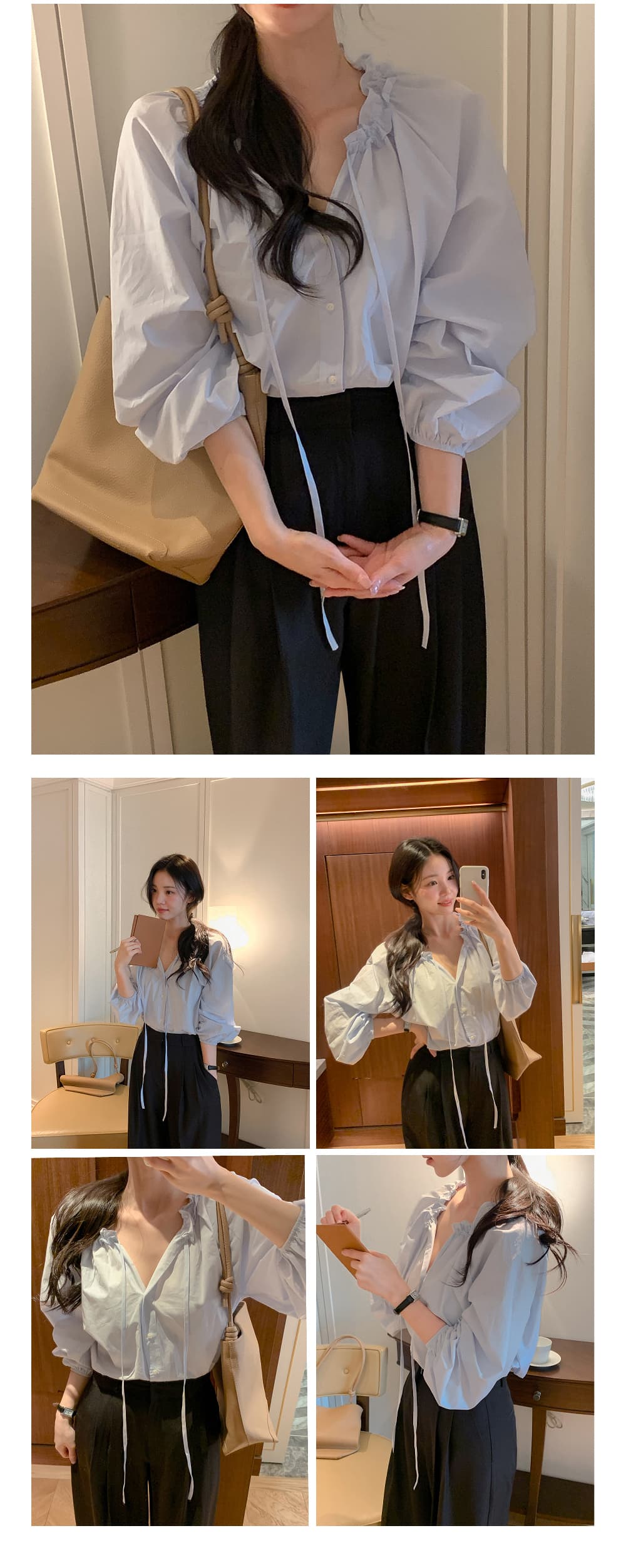 프릴 레이스업 긴팔 쉬폰 블라우스 셔츠 한국 스타일 chic 단색 루즈핏 패션 다용도 상세 이미지 2