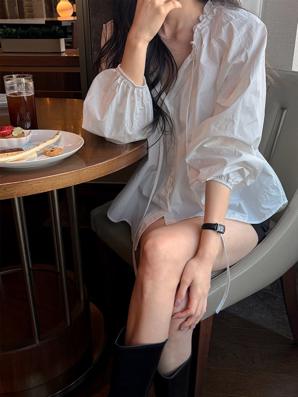 프릴 레이스업 긴팔 쉬폰 블라우스 셔츠 한국 스타일 chic 단색 루즈핏 패션 다용도 상세 이미지 4