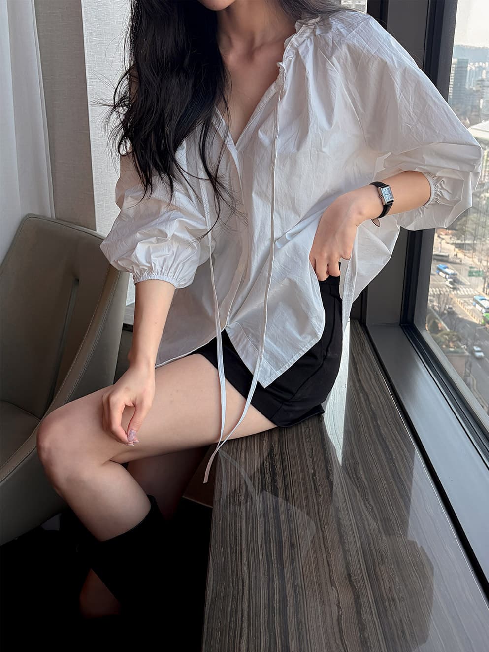 프릴 레이스업 긴팔 쉬폰 블라우스 셔츠 한국 스타일 chic 단색 루즈핏 패션 다용도 상세 이미지 6