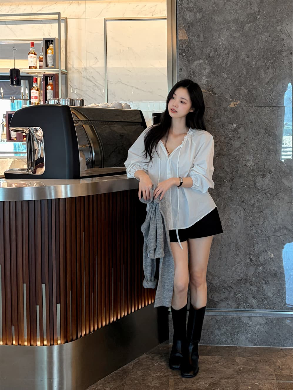 프릴 레이스업 긴팔 쉬폰 블라우스 셔츠 한국 스타일 chic 단색 루즈핏 패션 다용도 상세 이미지 8