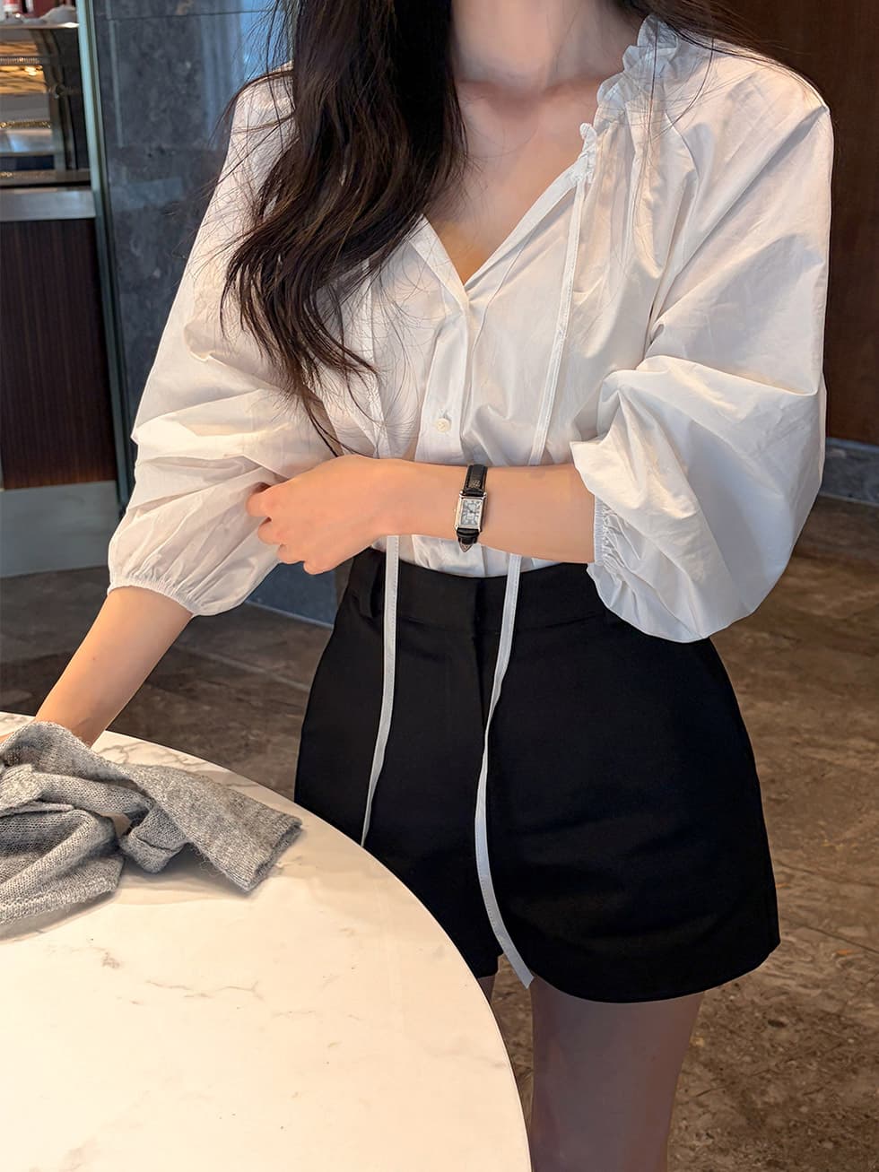 프릴 레이스업 긴팔 쉬폰 블라우스 셔츠 한국 스타일 chic 단색 루즈핏 패션 다용도 상세 이미지 10