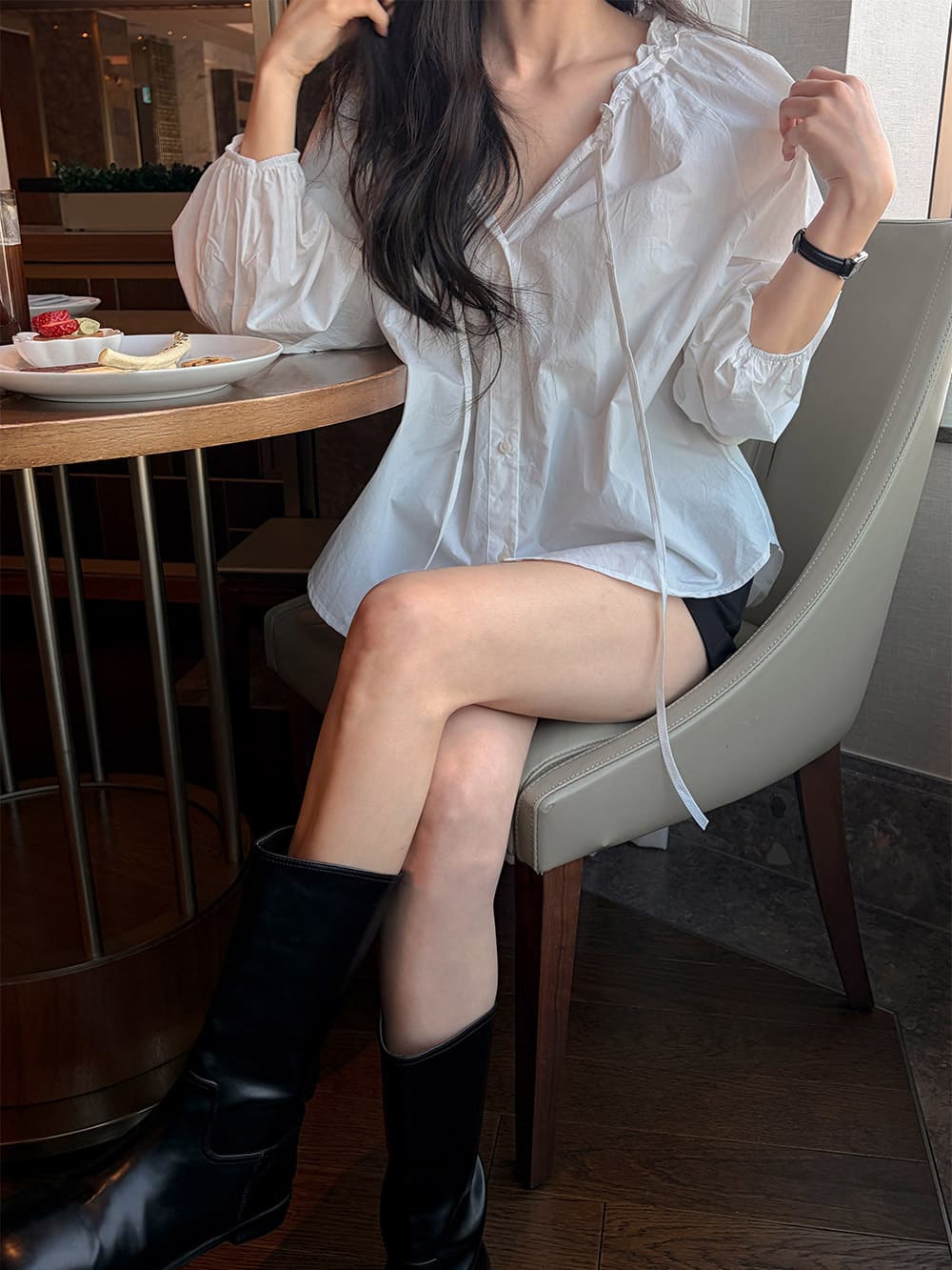 프릴 레이스업 긴팔 쉬폰 블라우스 셔츠 한국 스타일 chic 단색 루즈핏 패션 다용도 상세 이미지 11