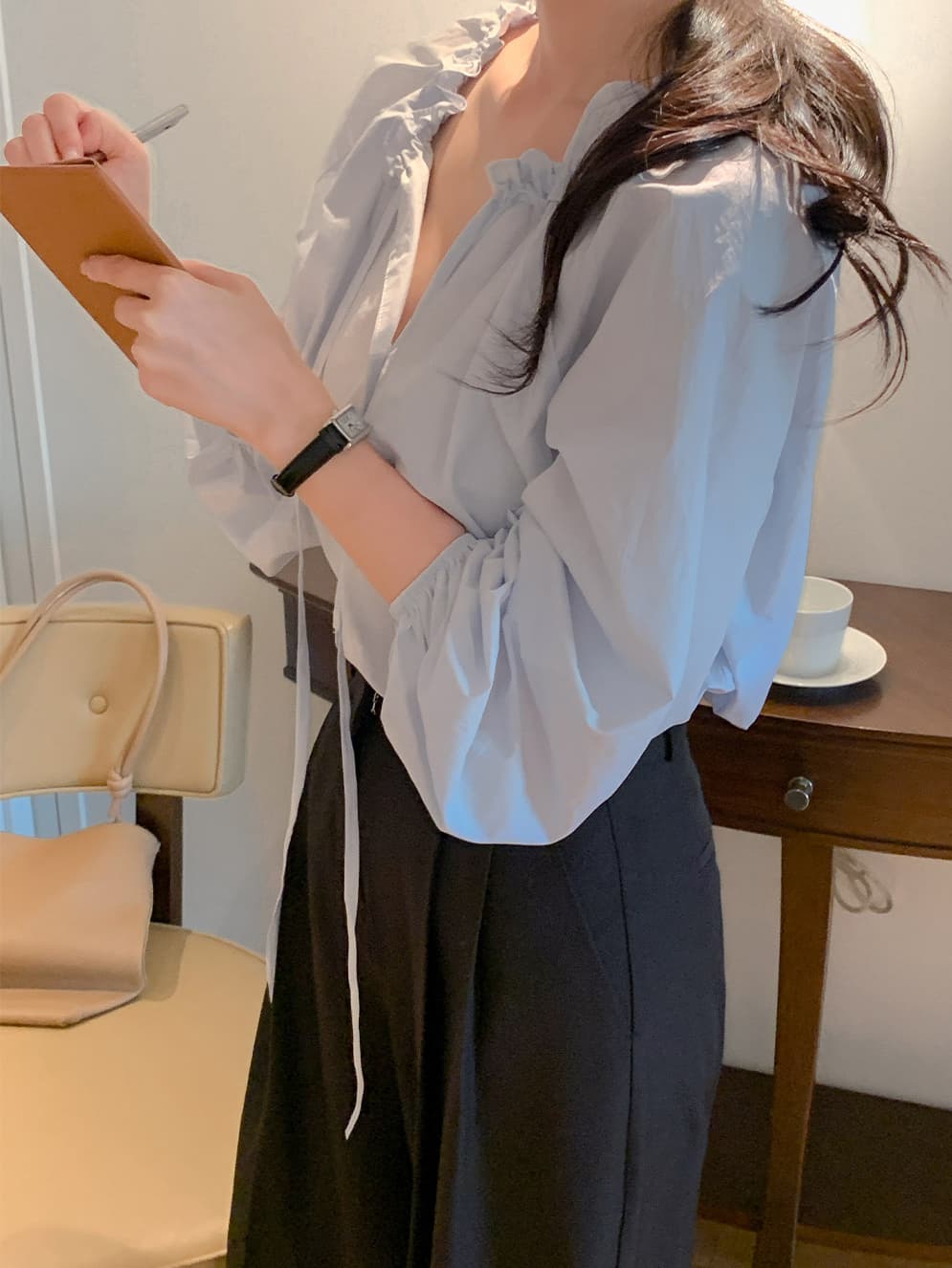 프릴 레이스업 긴팔 쉬폰 블라우스 셔츠 한국 스타일 chic 단색 루즈핏 패션 다용도 상세 이미지 14