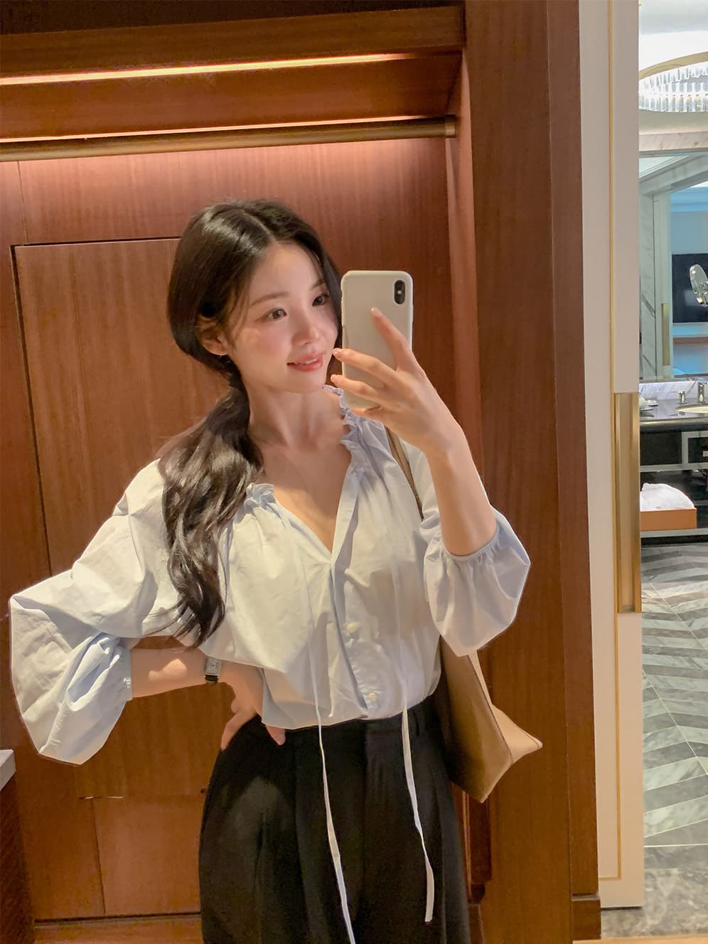 프릴 레이스업 긴팔 쉬폰 블라우스 셔츠 한국 스타일 chic 단색 루즈핏 패션 다용도 상세 이미지 15