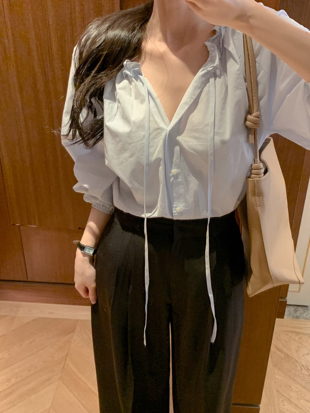 프릴 레이스업 긴팔 쉬폰 블라우스 셔츠 한국 스타일 chic 단색 루즈핏 패션 다용도 상세 이미지 16
