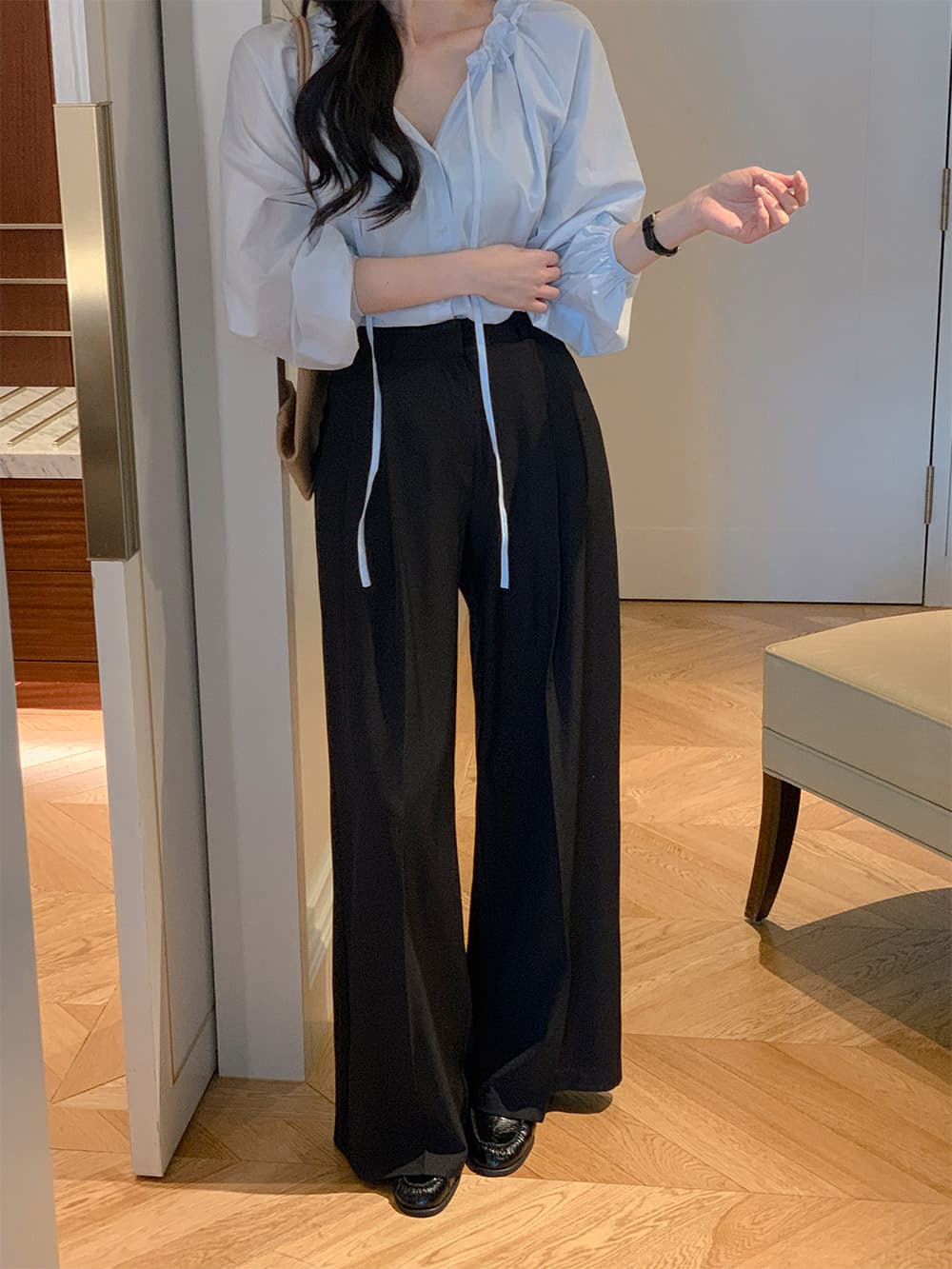 프릴 레이스업 긴팔 쉬폰 블라우스 셔츠 한국 스타일 chic 단색 루즈핏 패션 다용도 상세 이미지 19