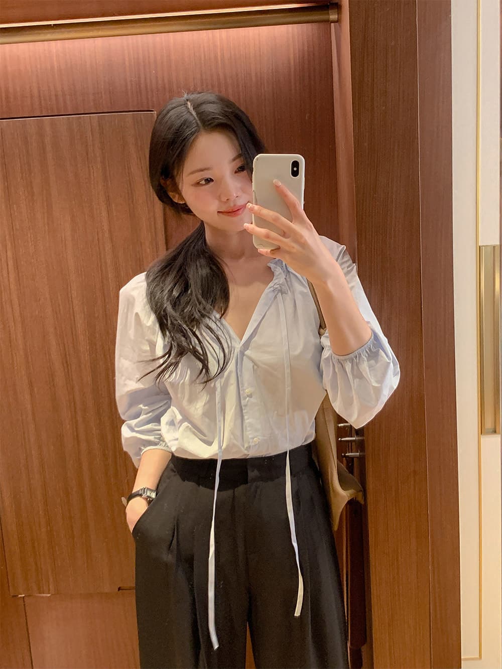 프릴 레이스업 긴팔 쉬폰 블라우스 셔츠 한국 스타일 chic 단색 루즈핏 패션 다용도 상세 이미지 20