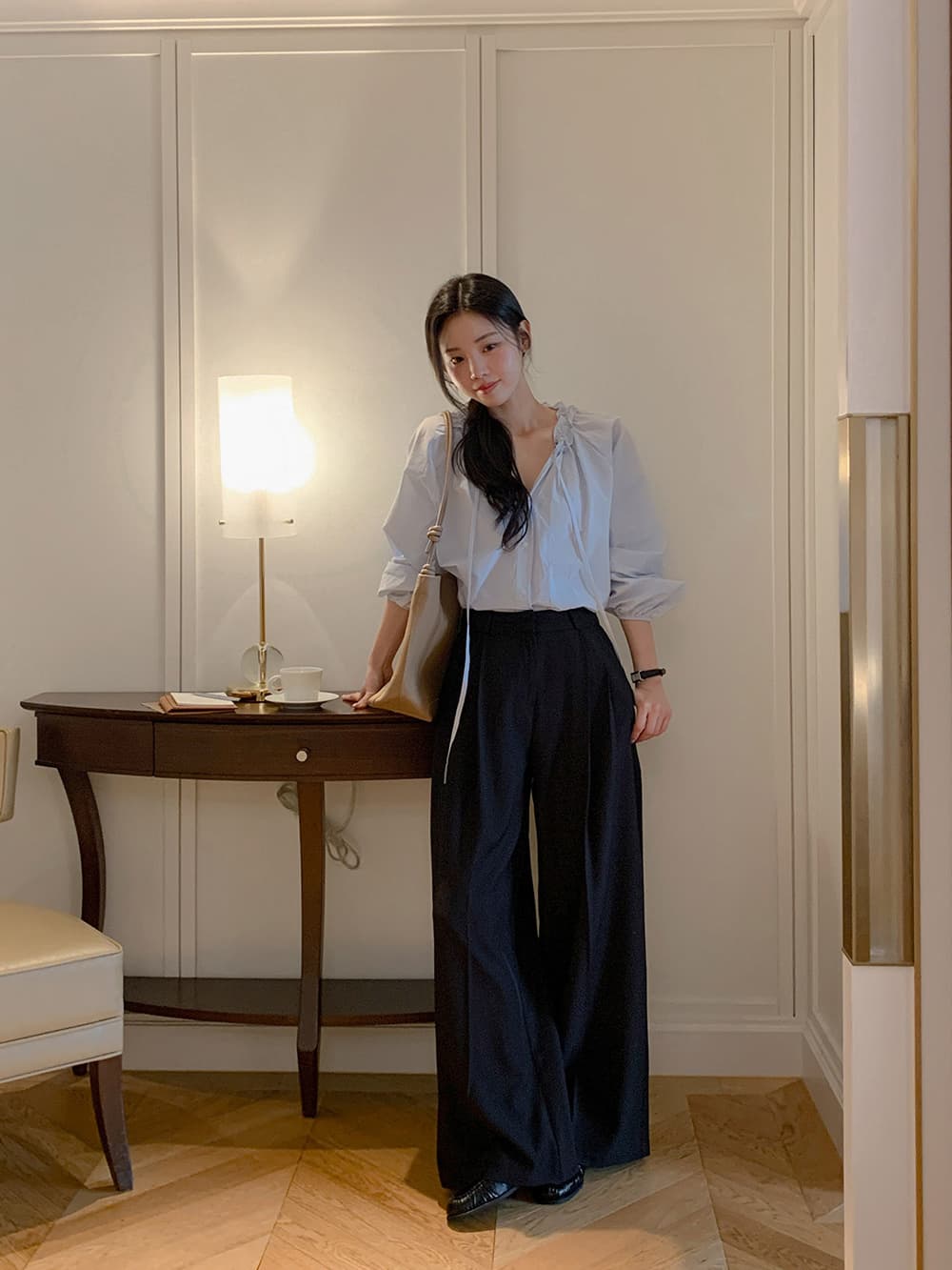 프릴 레이스업 긴팔 쉬폰 블라우스 셔츠 한국 스타일 chic 단색 루즈핏 패션 다용도 상세 이미지 21
