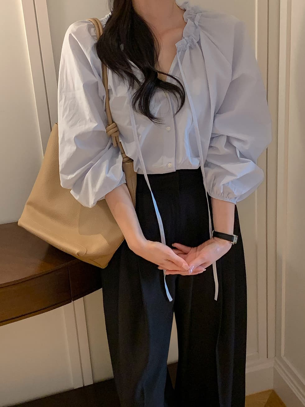 프릴 레이스업 긴팔 쉬폰 블라우스 셔츠 한국 스타일 chic 단색 루즈핏 패션 다용도 상세 이미지 22