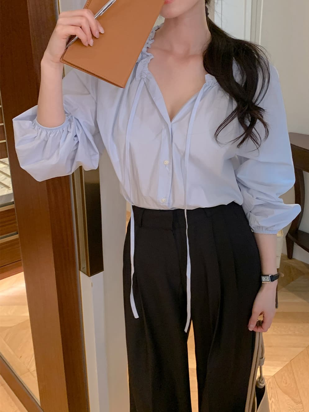 프릴 레이스업 긴팔 쉬폰 블라우스 셔츠 한국 스타일 chic 단색 루즈핏 패션 다용도 상세 이미지 24