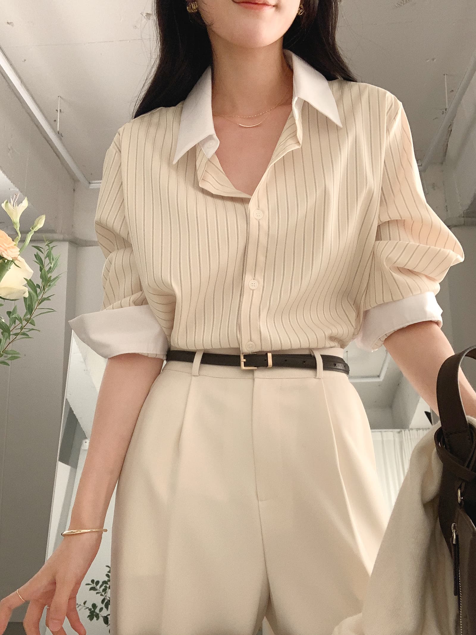 배색 스트라이프 셔츠 봄 가을 다용도 긴팔 셔츠 한국 ins 빛 요리 한 패션 빅 사이즈 여성 의류 대외 무역 상세 이미지 12