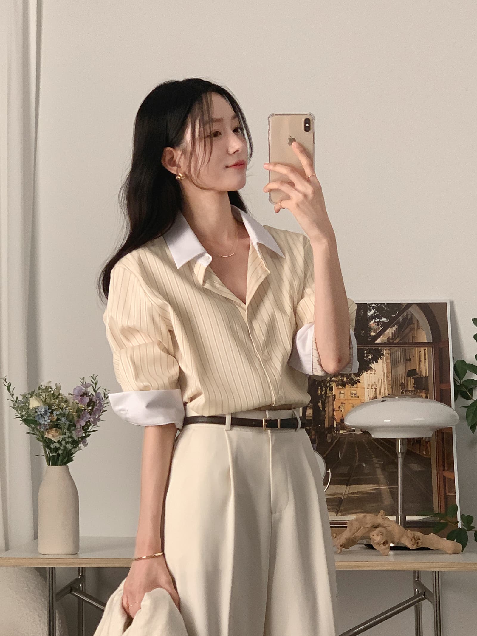 배색 스트라이프 셔츠 봄 가을 다용도 긴팔 셔츠 한국 ins 빛 요리 한 패션 빅 사이즈 여성 의류 대외 무역 상세 이미지 14