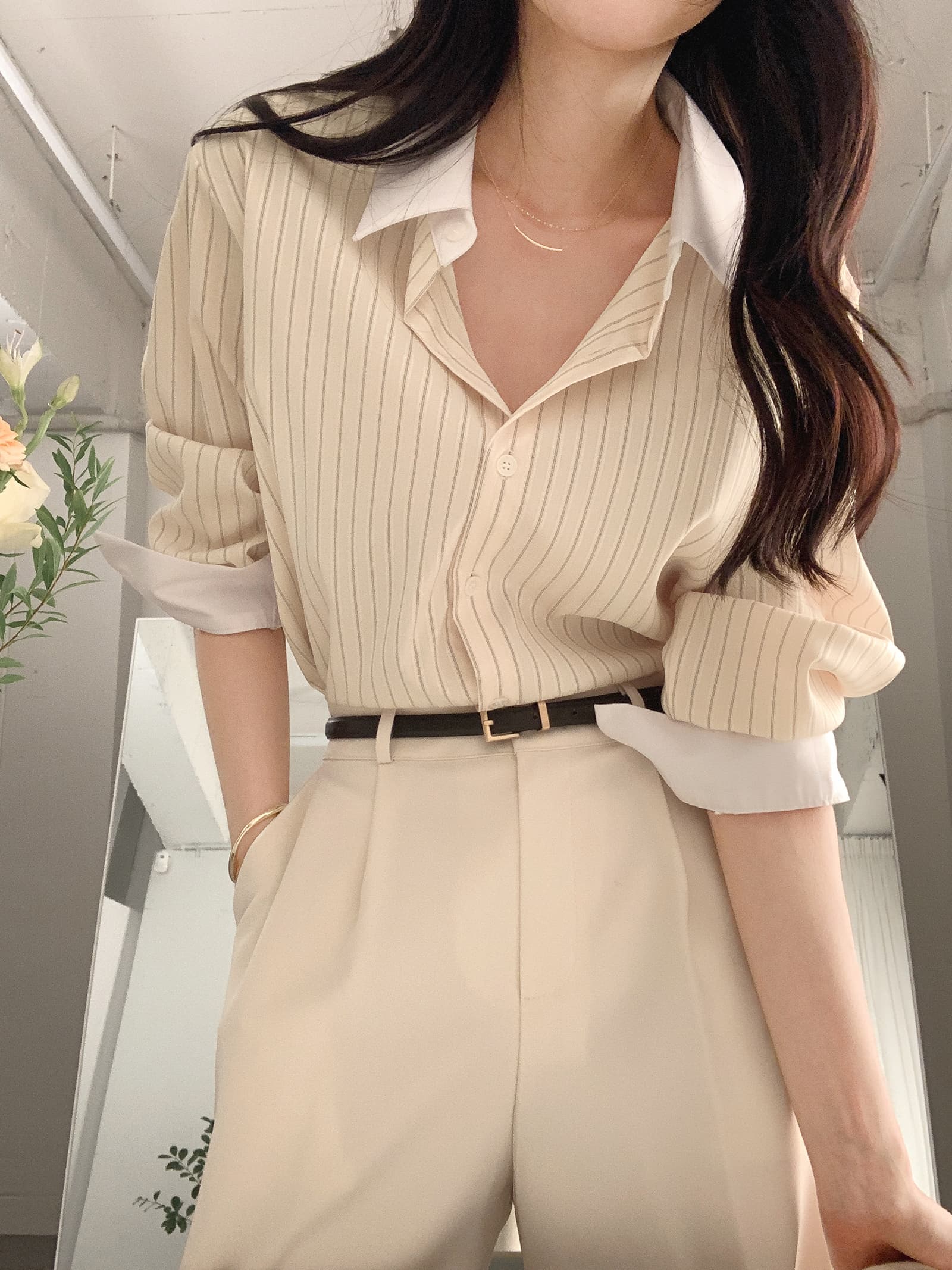 배색 스트라이프 셔츠 봄 가을 다용도 긴팔 셔츠 한국 ins 빛 요리 한 패션 빅 사이즈 여성 의류 대외 무역 상세 이미지 20