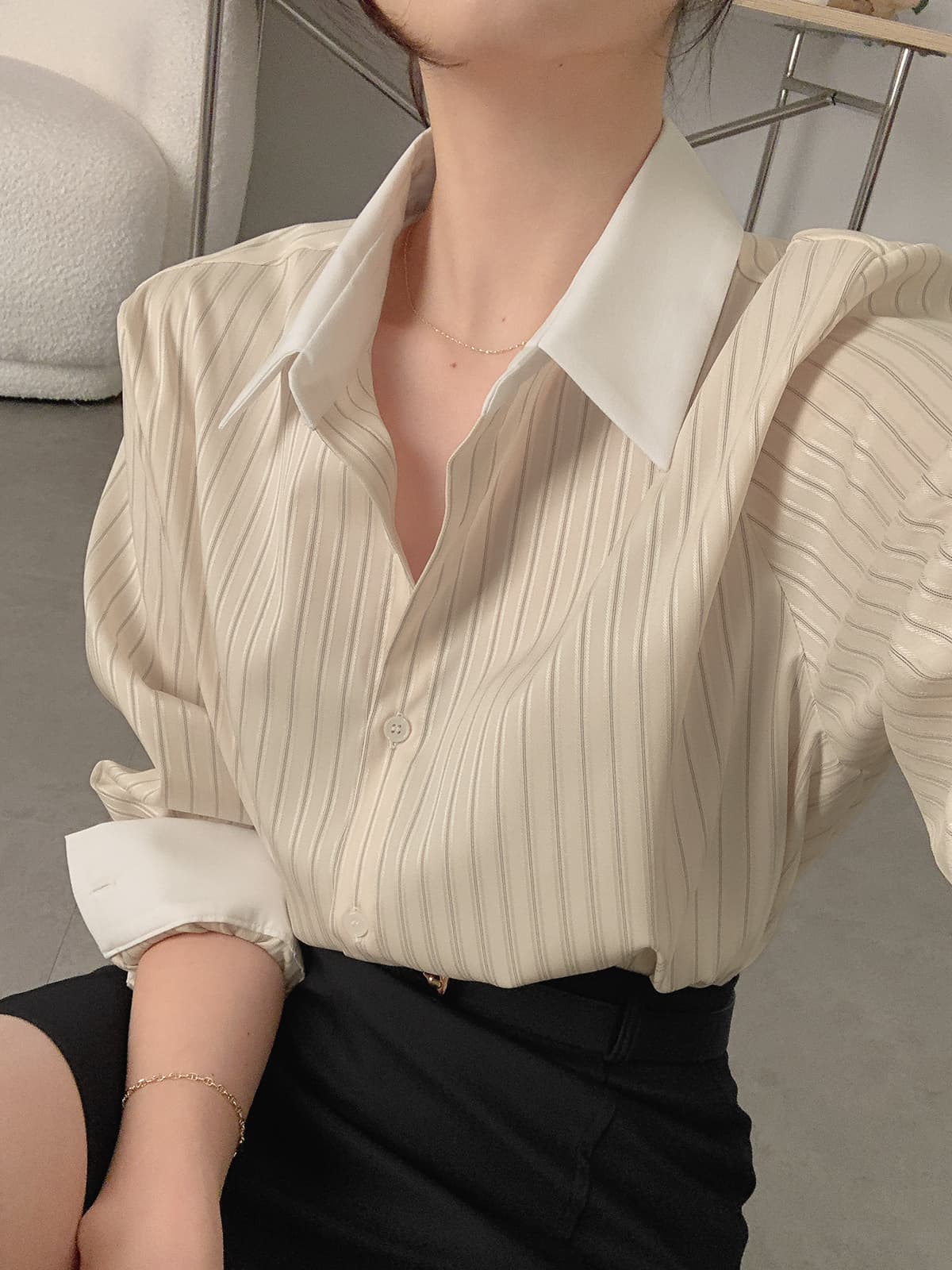 배색 스트라이프 셔츠 봄 가을 다용도 긴팔 셔츠 한국 ins 빛 요리 한 패션 빅 사이즈 여성 의류 대외 무역 상세 이미지 24