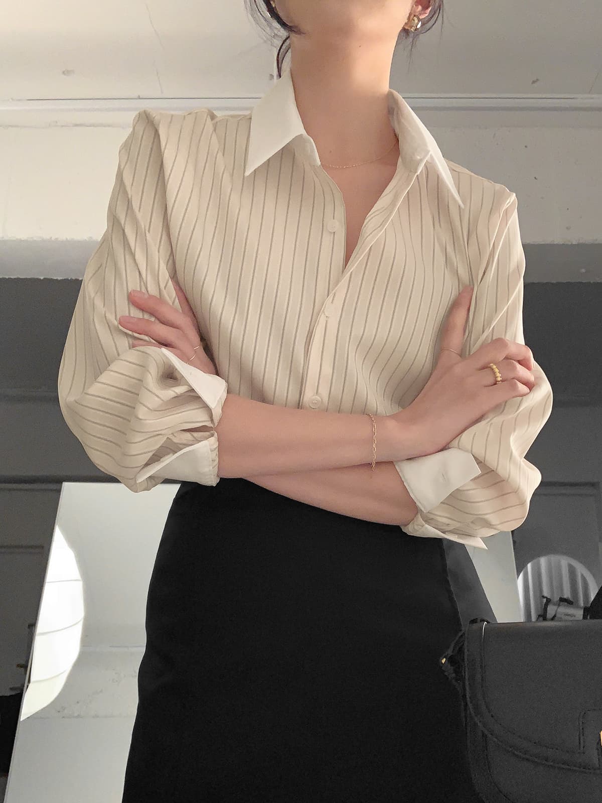 배색 스트라이프 셔츠 봄 가을 다용도 긴팔 셔츠 한국 ins 빛 요리 한 패션 빅 사이즈 여성 의류 대외 무역 상세 이미지 28