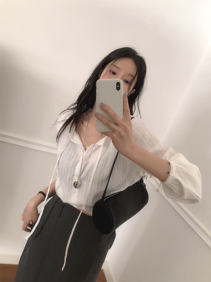 V넥 달콤함 레이스 레이스 허리 수축 레이스업 긴팔 셔츠 쉬폰 블라우스 한국 스타일 chic 이미지 3