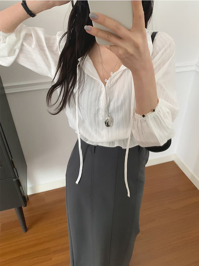 V넥 달콤함 레이스 레이스 허리 수축 레이스업 긴팔 셔츠 쉬폰 블라우스 한국 스타일 chic 상세 이미지 5