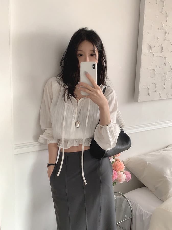V넥 달콤함 레이스 레이스 허리 수축 레이스업 긴팔 셔츠 쉬폰 블라우스 한국 스타일 chic 상세 이미지 12