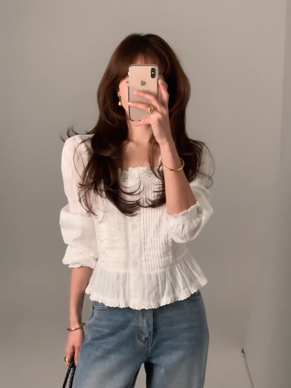 무거운 작업 레이스 레이스 레이스 업 셔츠 쉬폰 블라우스 한국 스타일 chic 빛 요리 한 패션 Chic 작은 대중 디자인 센스 이미지 2