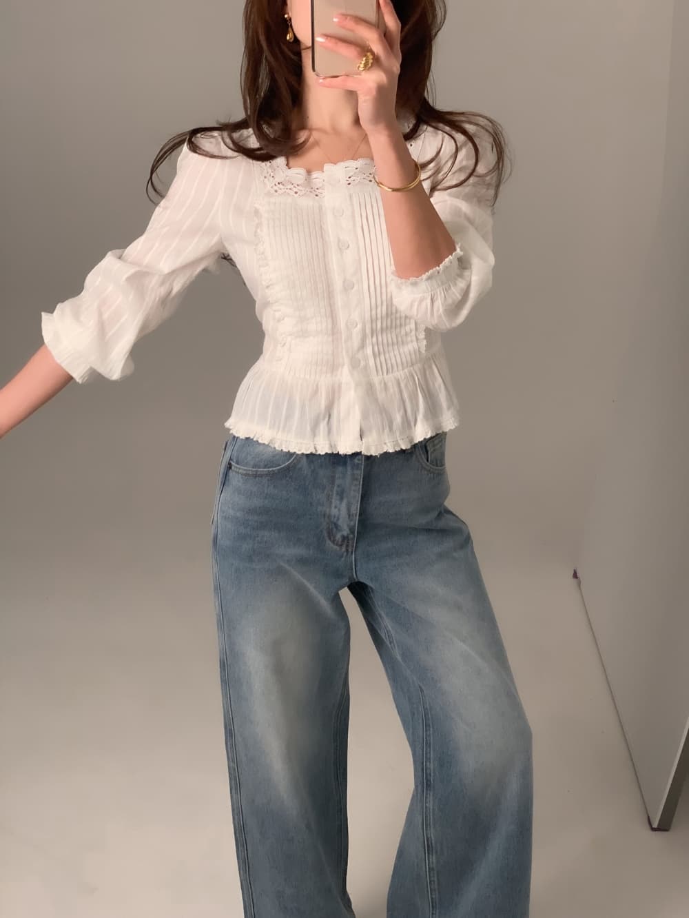 무거운 작업 레이스 레이스 레이스 업 셔츠 쉬폰 블라우스 한국 스타일 chic 빛 요리 한 패션 Chic 작은 대중 디자인 센스 상세 이미지 5
