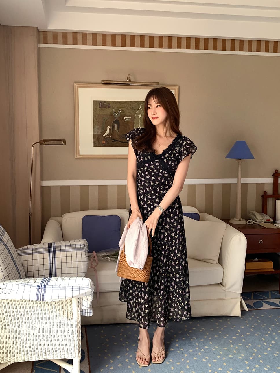 우아함 바람 V넥 프린트 레이스 조각 드레스 롱 스커트 기본 스커트 한국 스타일 chic 빛 요리 한 패션 상세 이미지 5