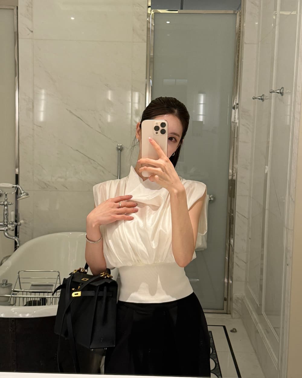우아함 바람 한국 동대문 chic 말뚝 더미 칼라 허리 수축 민소매 셔츠 맨위 보내기 포장 가슴 상세 이미지 4