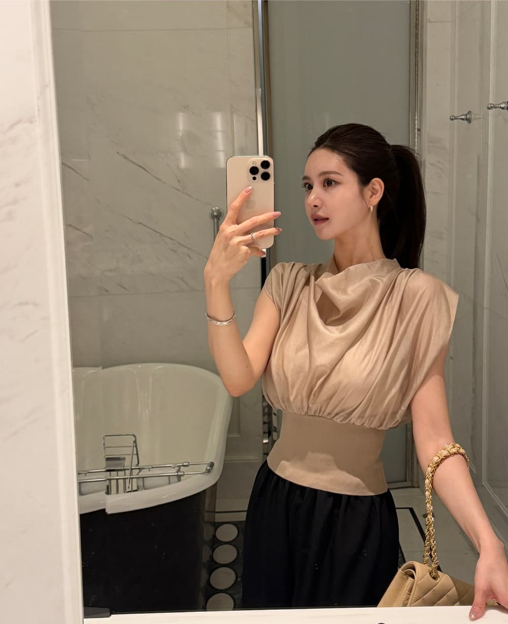 우아함 바람 한국 동대문 chic 말뚝 더미 칼라 허리 수축 민소매 셔츠 맨위 보내기 포장 가슴 상세 이미지 31