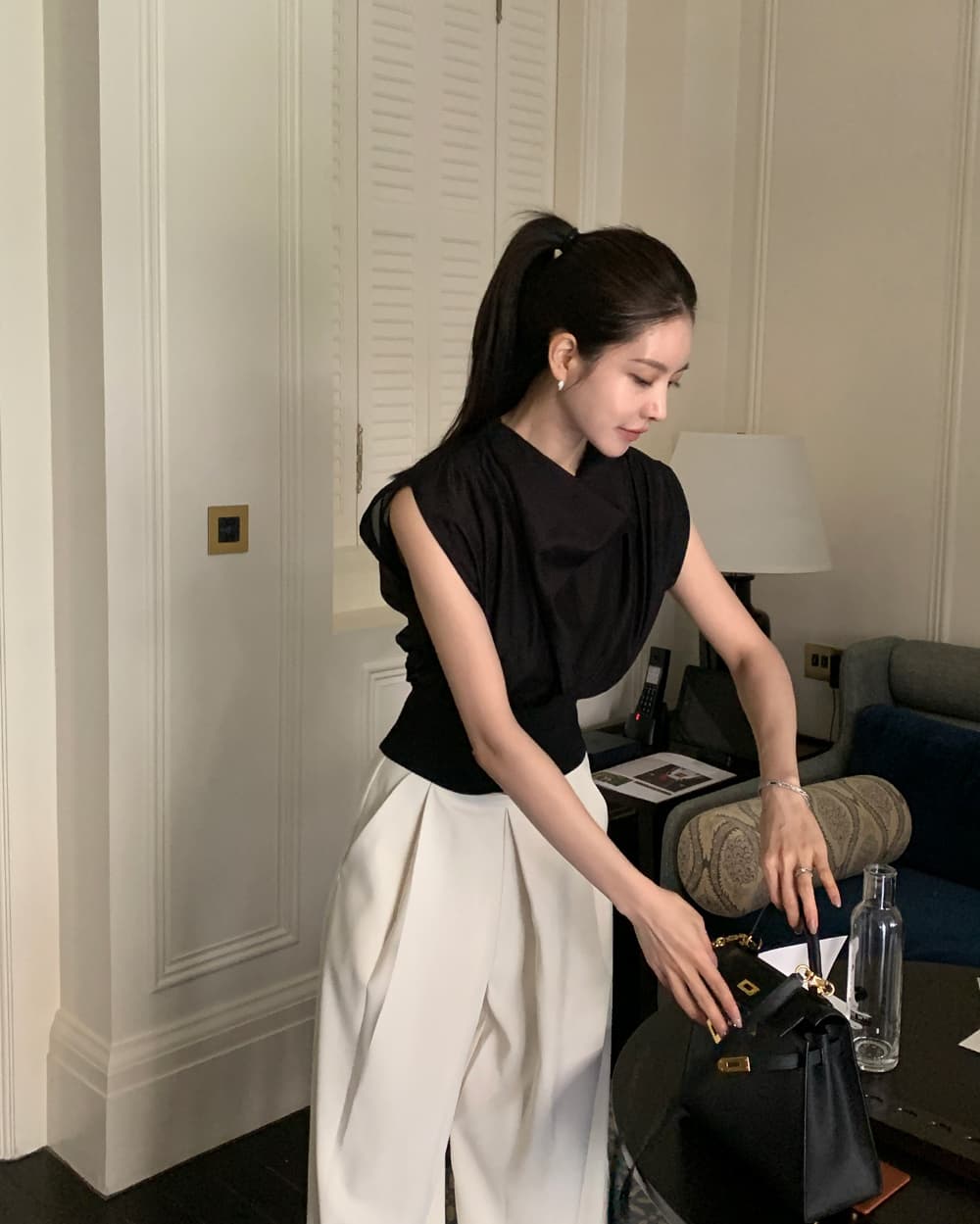 우아함 바람 한국 동대문 chic 말뚝 더미 칼라 허리 수축 민소매 셔츠 맨위 보내기 포장 가슴 상세 이미지 39