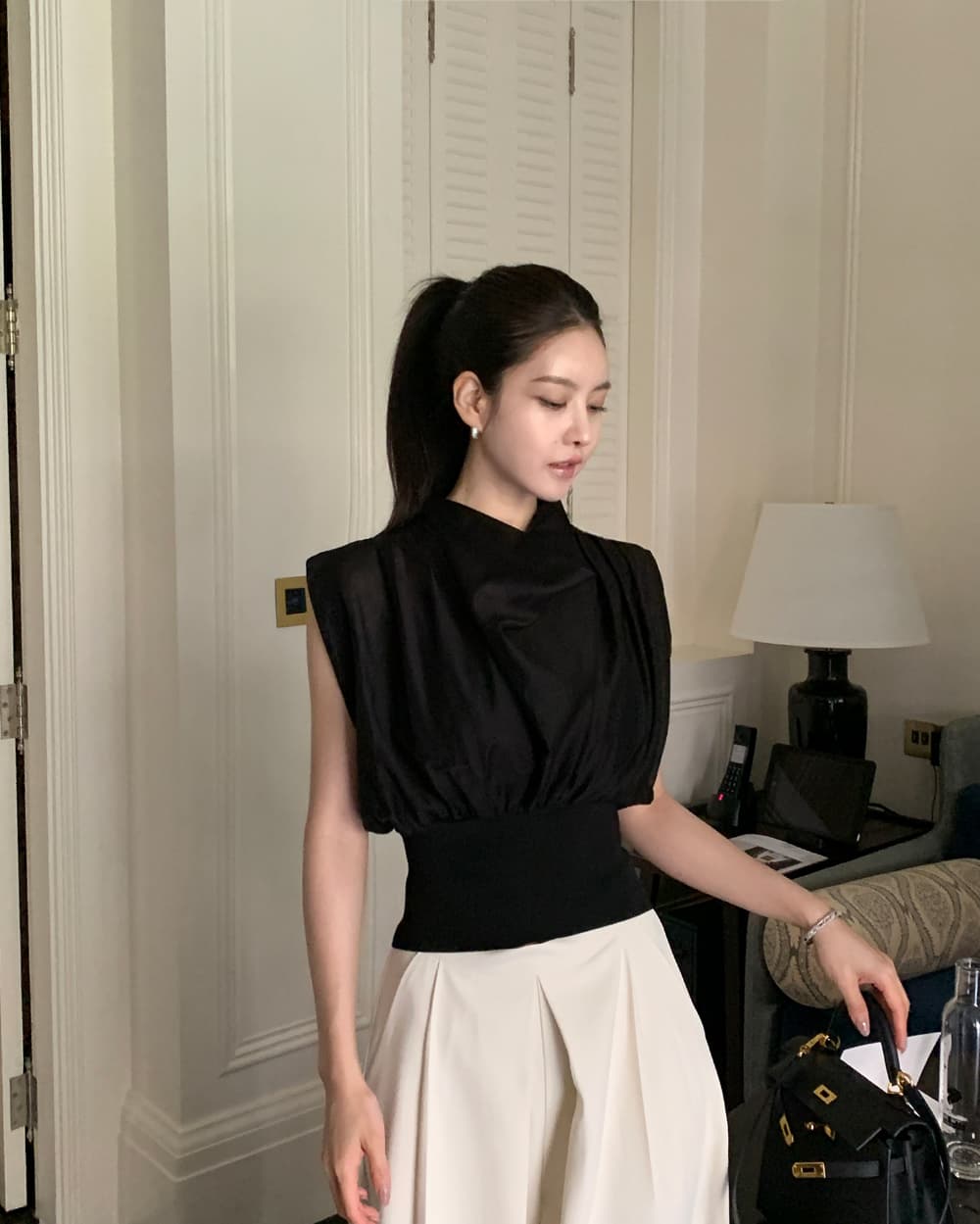 우아함 바람 한국 동대문 chic 말뚝 더미 칼라 허리 수축 민소매 셔츠 맨위 보내기 포장 가슴 상세 이미지 42