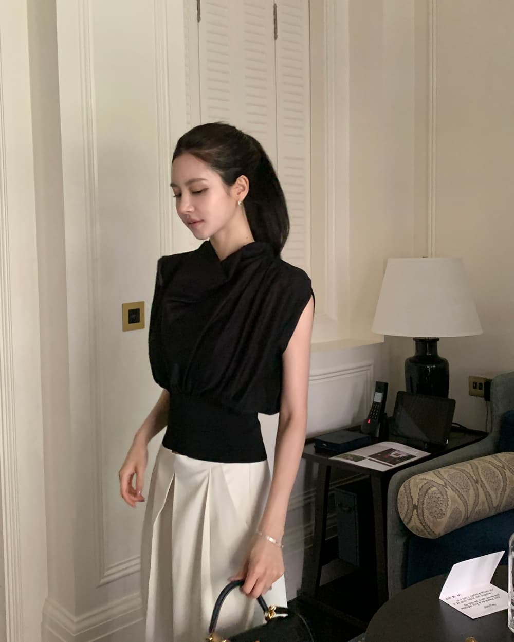 우아함 바람 한국 동대문 chic 말뚝 더미 칼라 허리 수축 민소매 셔츠 맨위 보내기 포장 가슴 상세 이미지 43