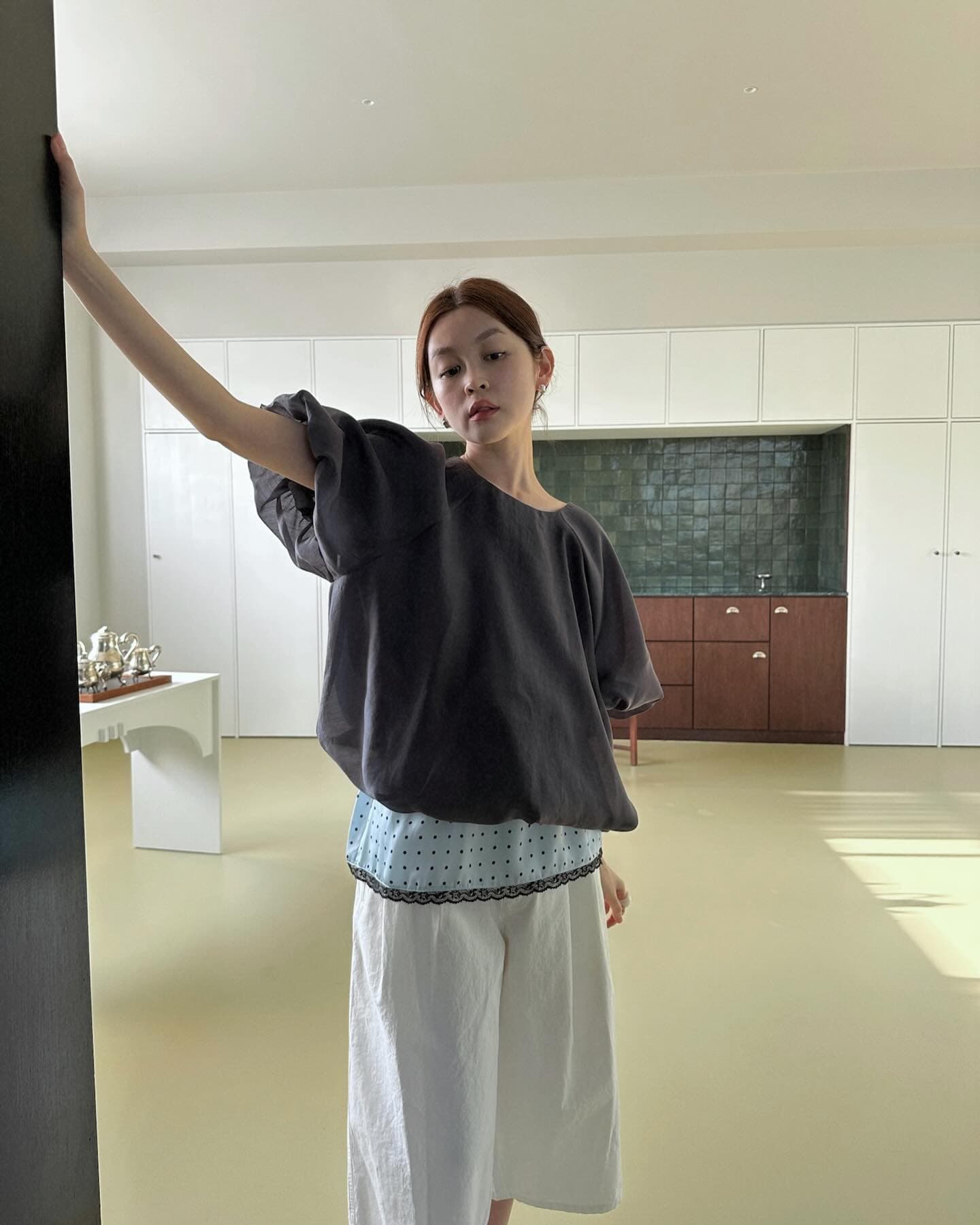 한국 chic 느긋한 레트로 벌룬 소매 셔츠 상세 이미지 12