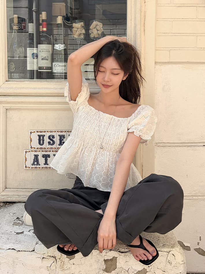 무거운 작업 홀로우 아웃 레이스 반팔 셔츠 쉬폰 블라우스 한국 스타일 chic 달콤함 패션