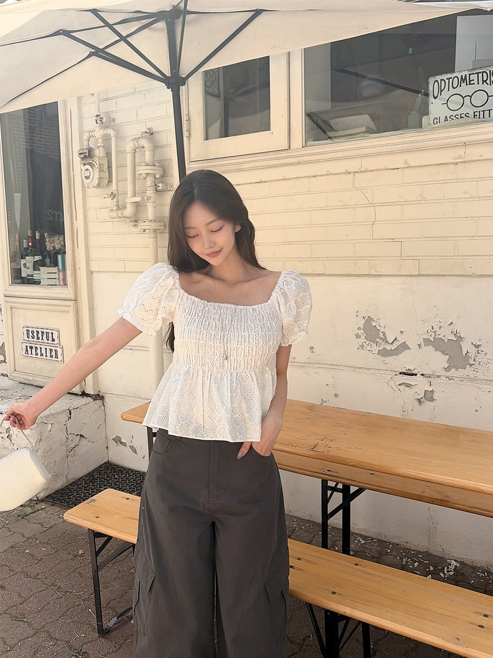무거운 작업 홀로우 아웃 레이스 반팔 셔츠 쉬폰 블라우스 한국 스타일 chic 달콤함 패션 상세 이미지 1