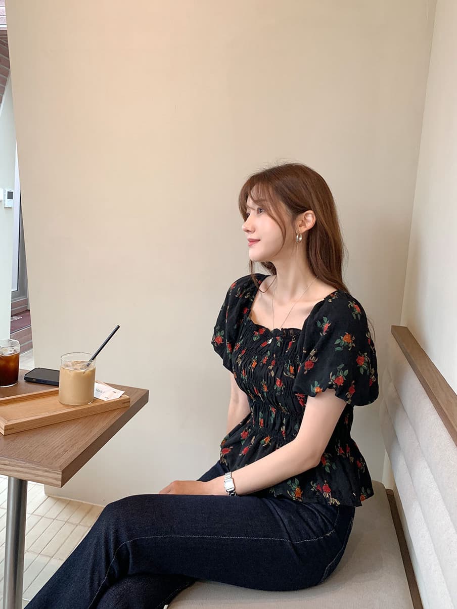 레트로 프린트 보트넥 프릴 달콤함 허리 수축 반팔 셔츠 쉬폰 블라우스 한국 스타일 chic 상세 이미지 13