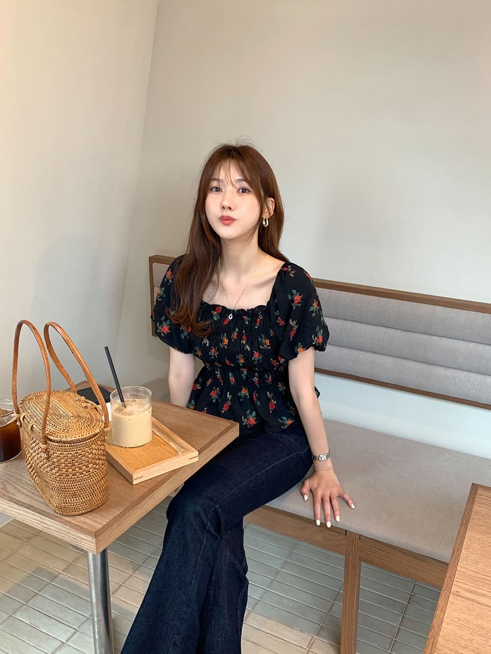 레트로 프린트 보트넥 프릴 달콤함 허리 수축 반팔 셔츠 쉬폰 블라우스 한국 스타일 chic 상세 이미지 14