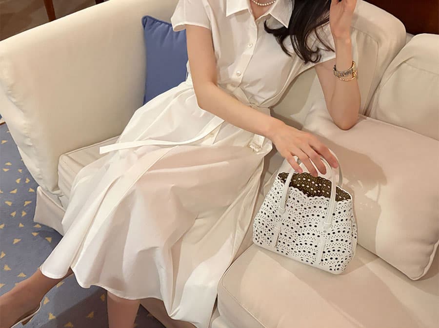 셔츠 칼라 부서 벨트 반팔 드레스 롱 스커트 한국 스타일 chic 빛 요리 한 패션 미니멀리즘 바람 품격 상세 이미지 5