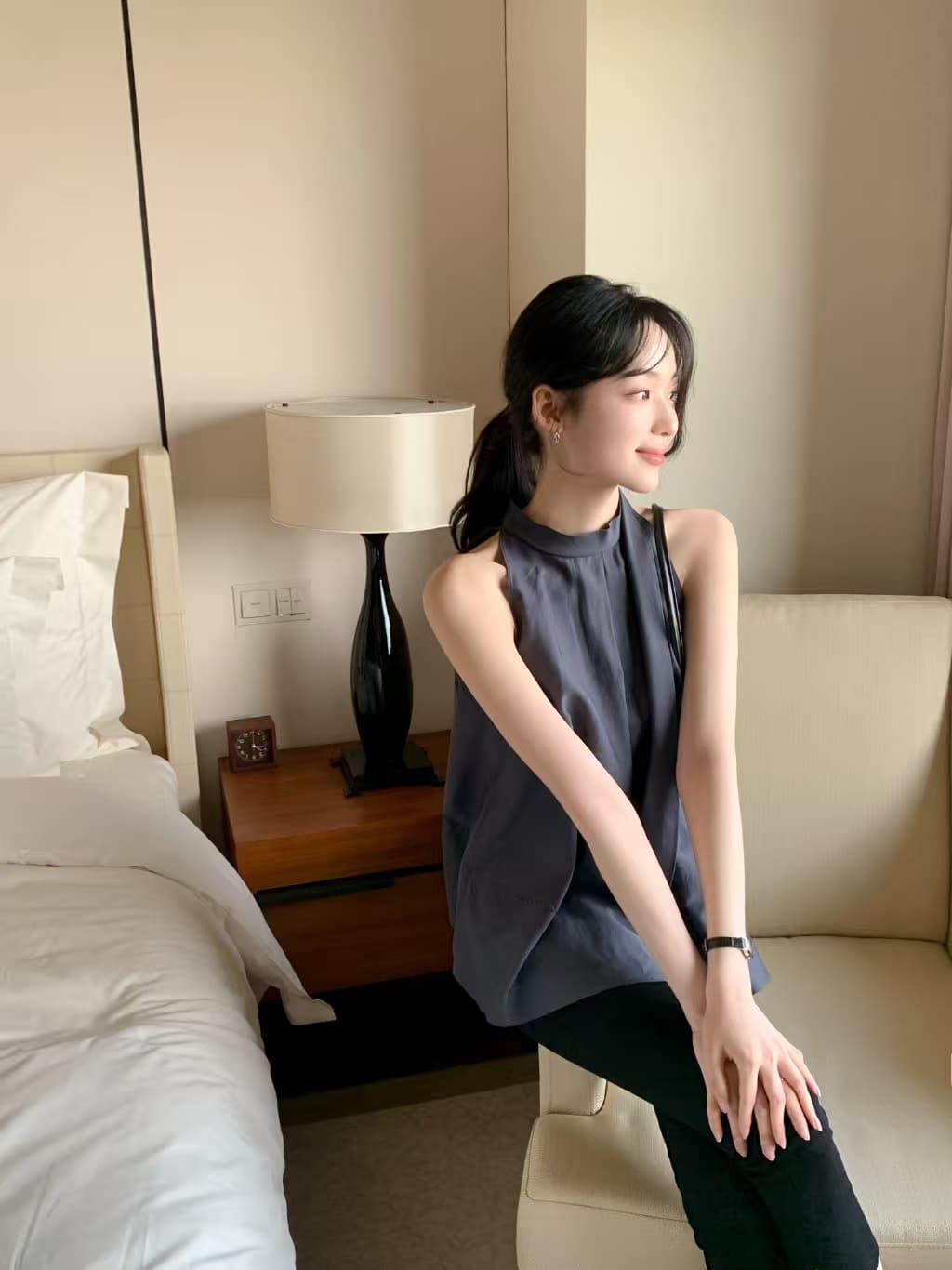 품격 우아함 행침 목 리본 민소매 조끼 셔츠 쉬폰 블라우스 맨위 여성 한국 스타일 chic 상세 이미지 16
