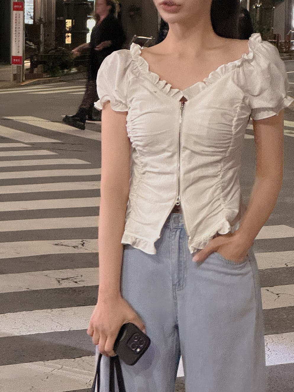 섹시함 오프숄더 보트넥 프릴 지퍼 반팔 오픈 가디건 여성 셔츠 한국 스타일 chic 단색 캐주얼 이미지 3
