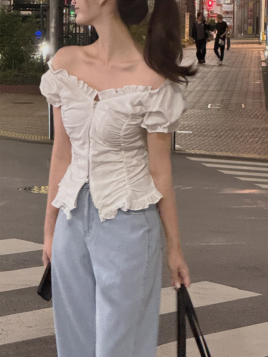 섹시함 오프숄더 보트넥 프릴 지퍼 반팔 오픈 가디건 여성 셔츠 한국 스타일 chic 단색 캐주얼 상세 이미지 3