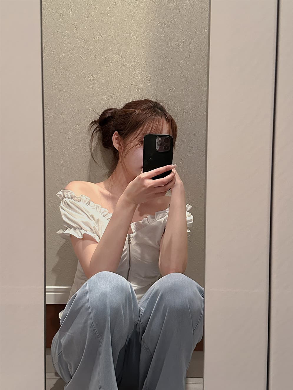 섹시함 오프숄더 보트넥 프릴 지퍼 반팔 오픈 가디건 여성 셔츠 한국 스타일 chic 단색 캐주얼 상세 이미지 4