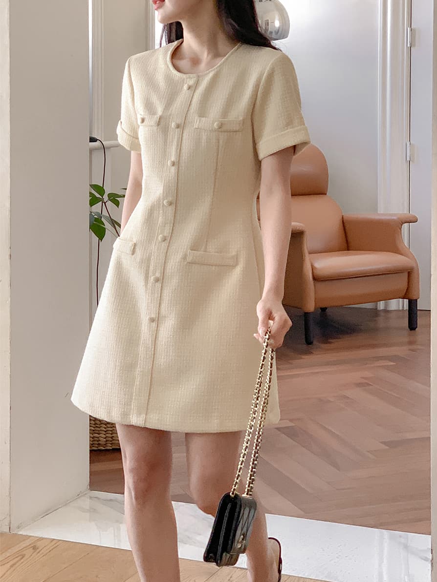 작은 샤넬 스타일 라운드 넥 반팔 드레스 한국 스타일 chic 명문 여성 숙녀 이미지 3