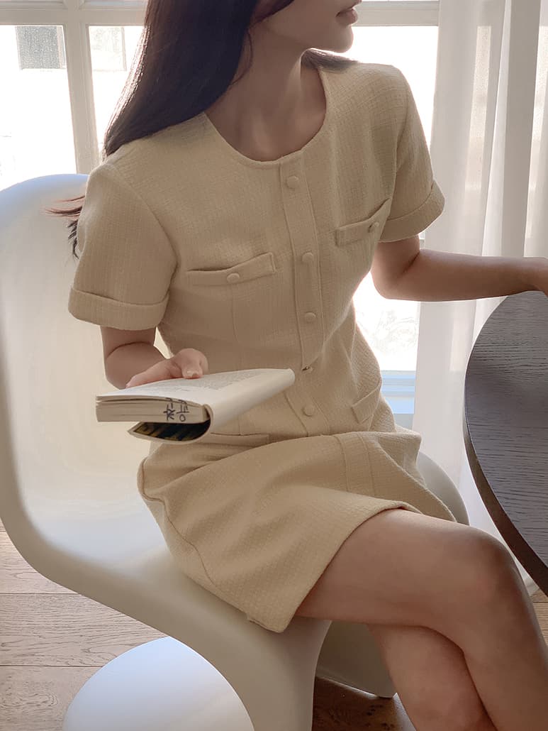 작은 샤넬 스타일 라운드 넥 반팔 드레스 한국 스타일 chic 명문 여성 숙녀 이미지 4