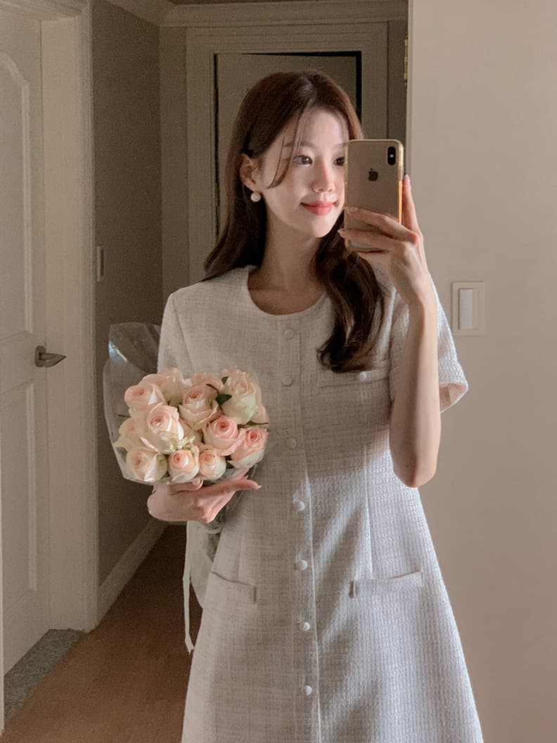 작은 샤넬 스타일 라운드 넥 반팔 드레스 한국 스타일 chic 명문 여성 숙녀 상세 이미지 7