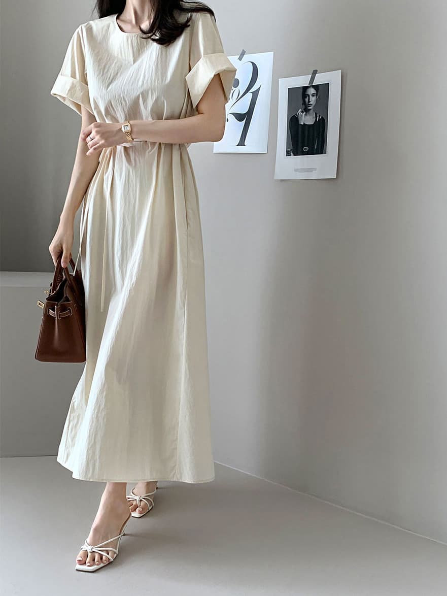 단색 라운드 넥 부서 벨트 반팔 드레스 롱 스커트 미니멀리즘 바람 품격 한국 스타일 chic 빛 요리 한 패션 이미지 3