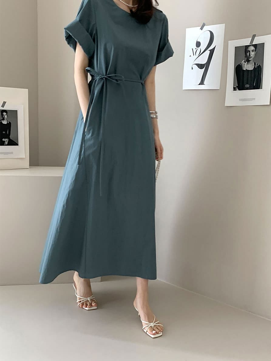 단색 라운드 넥 부서 벨트 반팔 드레스 롱 스커트 미니멀리즘 바람 품격 한국 스타일 chic 빛 요리 한 패션 상세 이미지 1