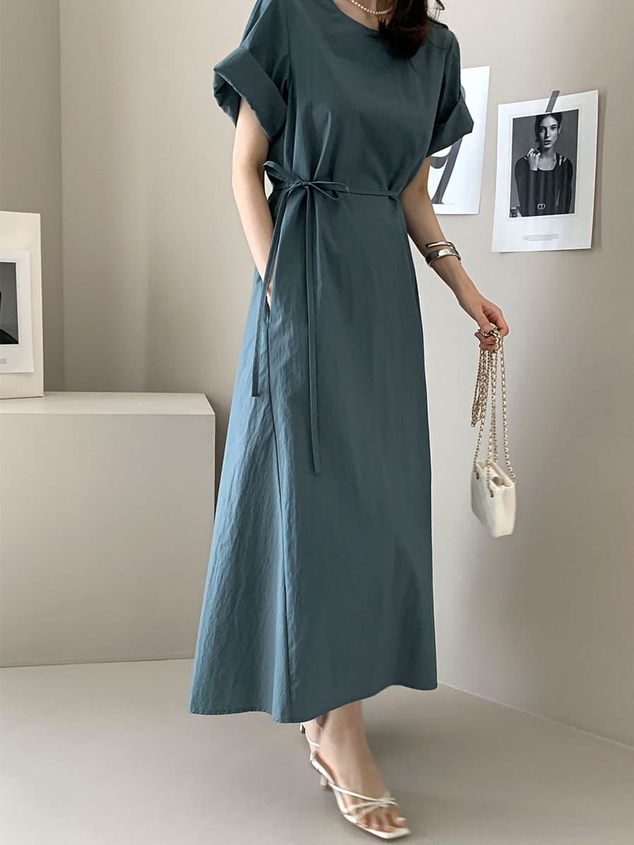 단색 라운드 넥 부서 벨트 반팔 드레스 롱 스커트 미니멀리즘 바람 품격 한국 스타일 chic 빛 요리 한 패션 상세 이미지 2