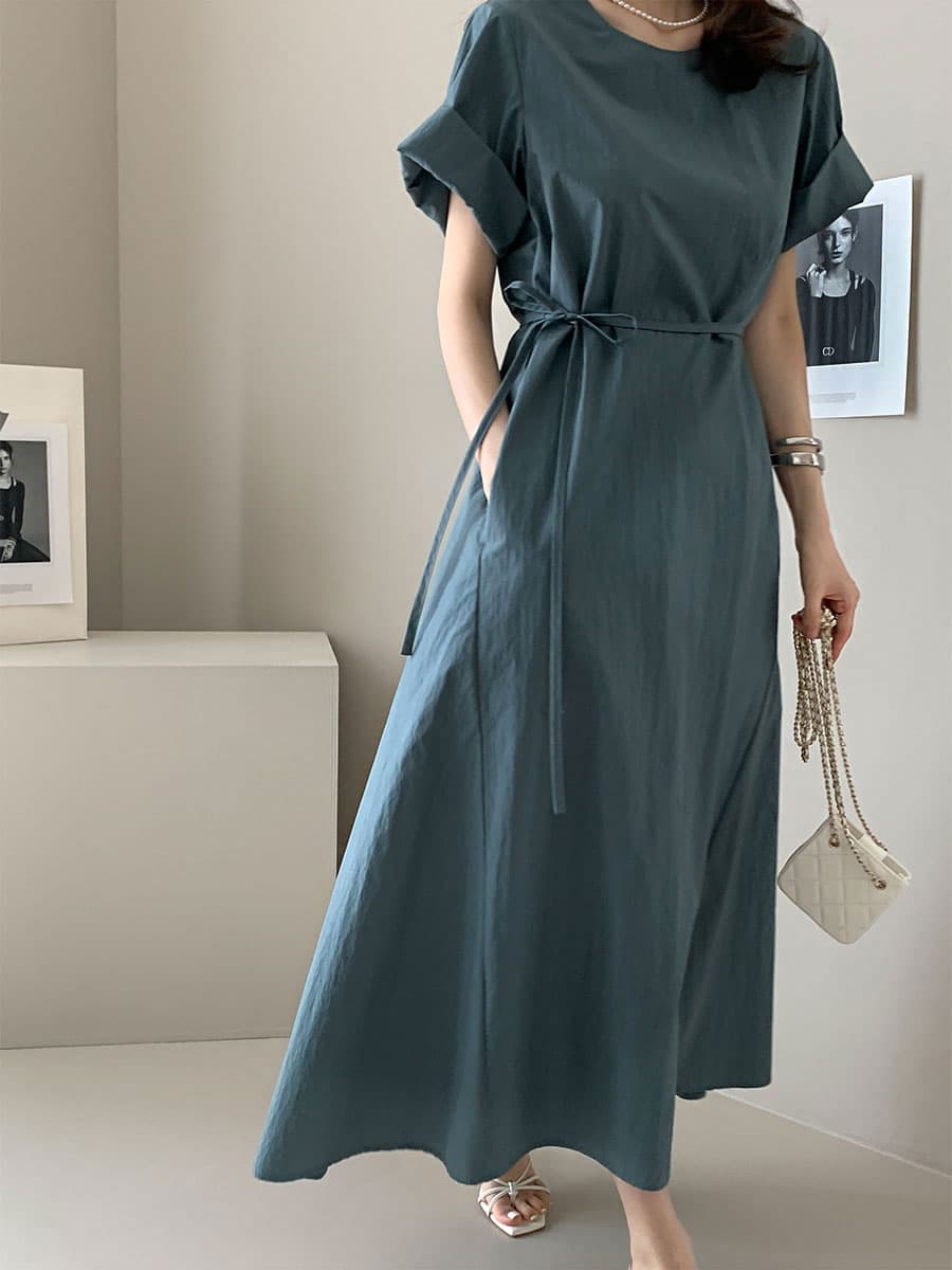 단색 라운드 넥 부서 벨트 반팔 드레스 롱 스커트 미니멀리즘 바람 품격 한국 스타일 chic 빛 요리 한 패션 상세 이미지 3