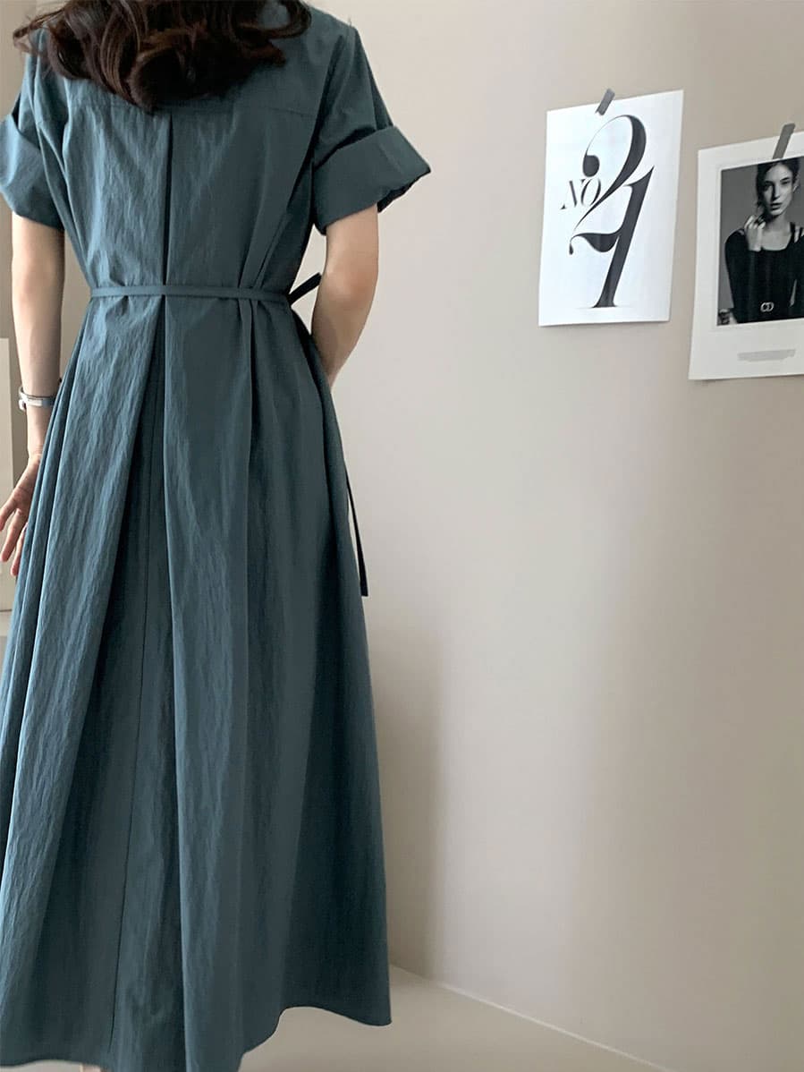 단색 라운드 넥 부서 벨트 반팔 드레스 롱 스커트 미니멀리즘 바람 품격 한국 스타일 chic 빛 요리 한 패션 상세 이미지 4