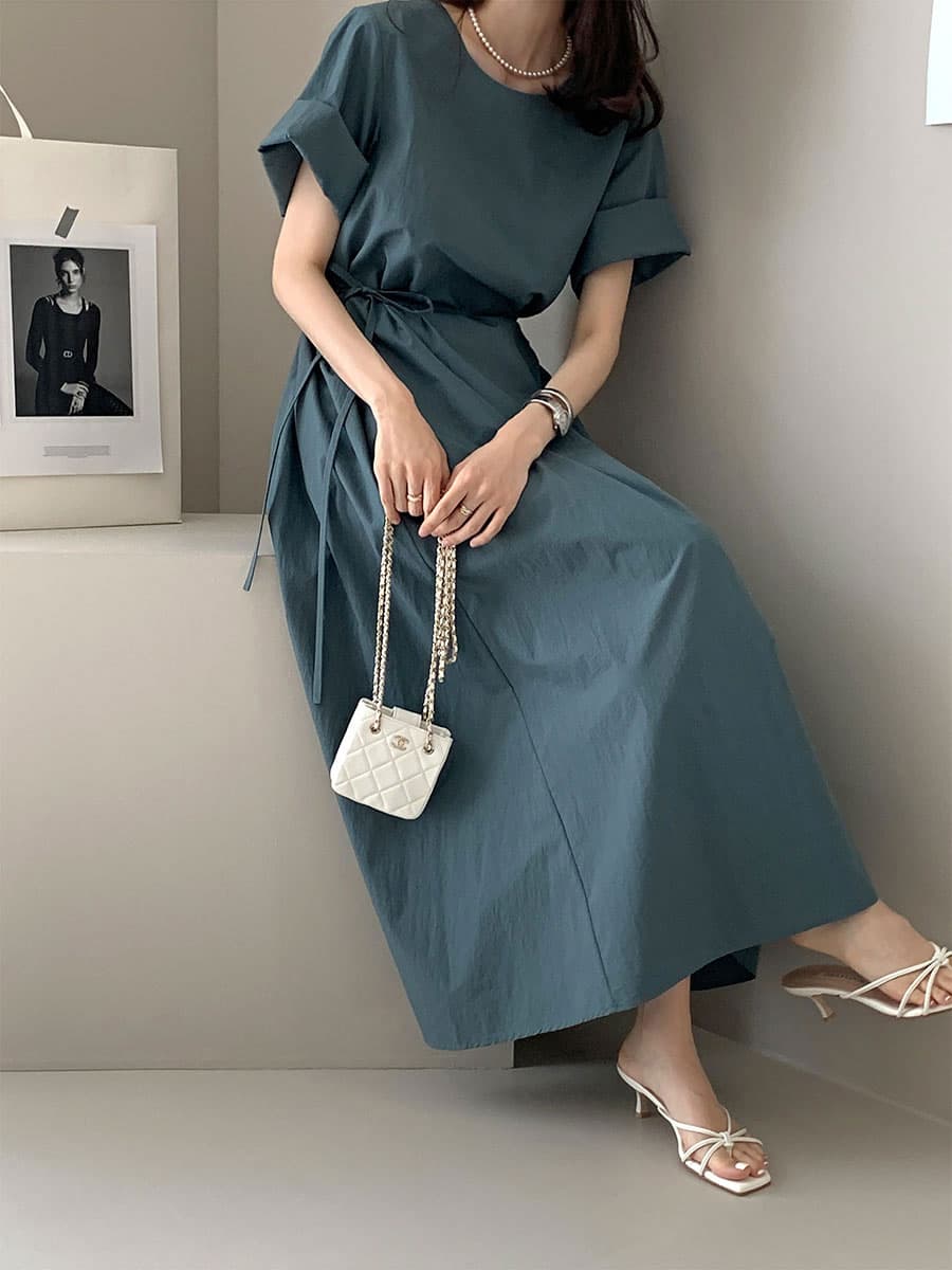 단색 라운드 넥 부서 벨트 반팔 드레스 롱 스커트 미니멀리즘 바람 품격 한국 스타일 chic 빛 요리 한 패션 상세 이미지 5
